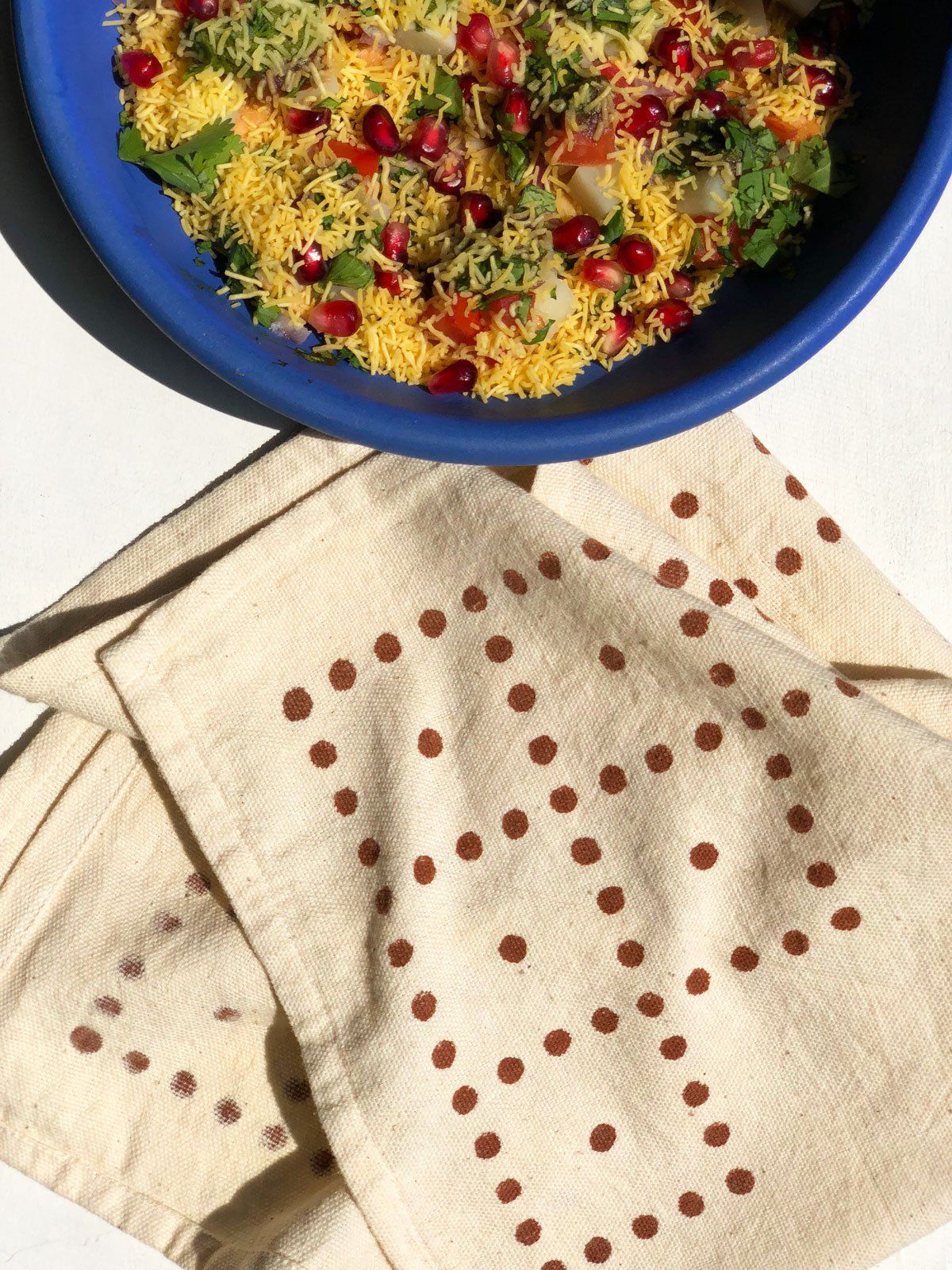 Bold geometric block printed cloth napkins with polka dot design. Perfect for the holidays. Neutral geometric cloth napkin.