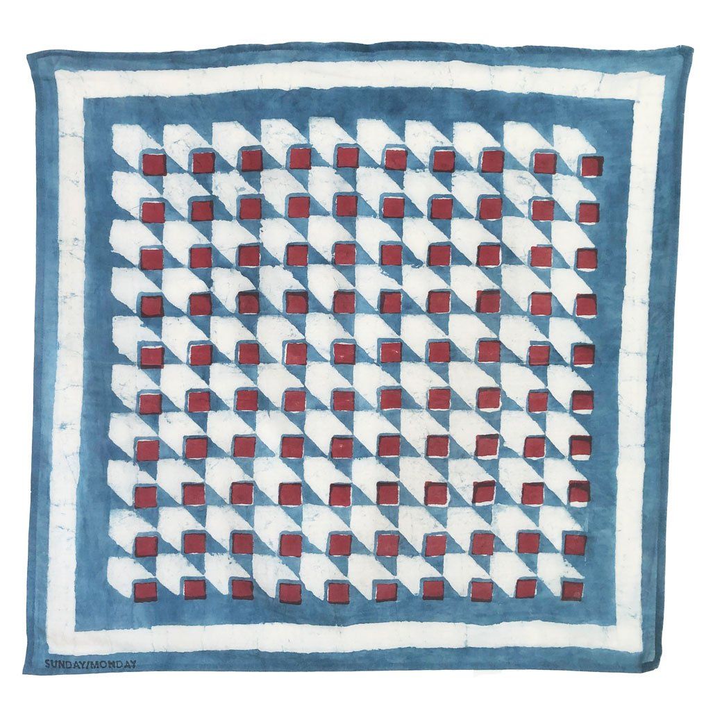Super soft and silky hand block printed bandana. Made with mud resist and dyed in natural indigo, this red white and blue bandana is a modern twist on a classic red white and blue bandana scarf color combination.