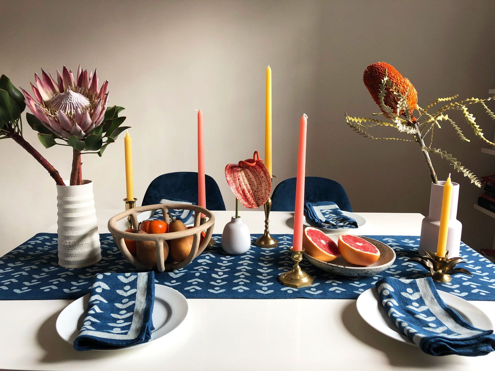 Upgrade your table top decor with SUNDAY/MONDAY's Egret table runner. It's hand block printed with mud resist and dyed with natural indigo. Adds a cheery elegance to any dining space.