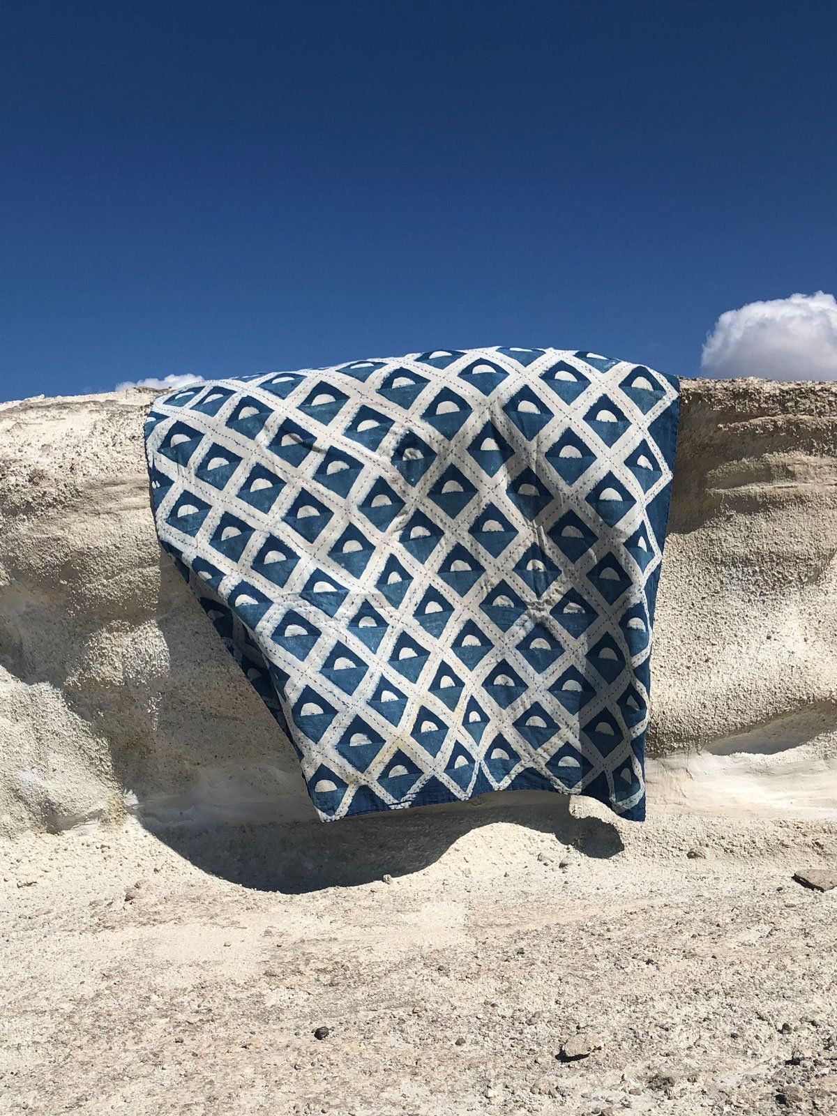SUNDAY/MONDAY's brand new hand block printed throw. Dyed with natural indigo blue and hand-stitched by women in rural Rajasthan. Perfect for picnics, beach days, and cozying up at home.